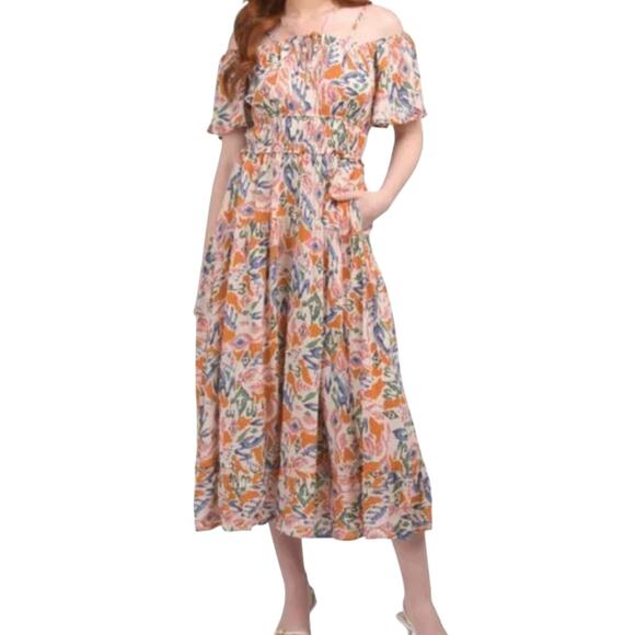 LOST + WANDER Orange Floral Cold Shoulder Textured Maxi Dress size S NEW Tags - Picture 1 of 16